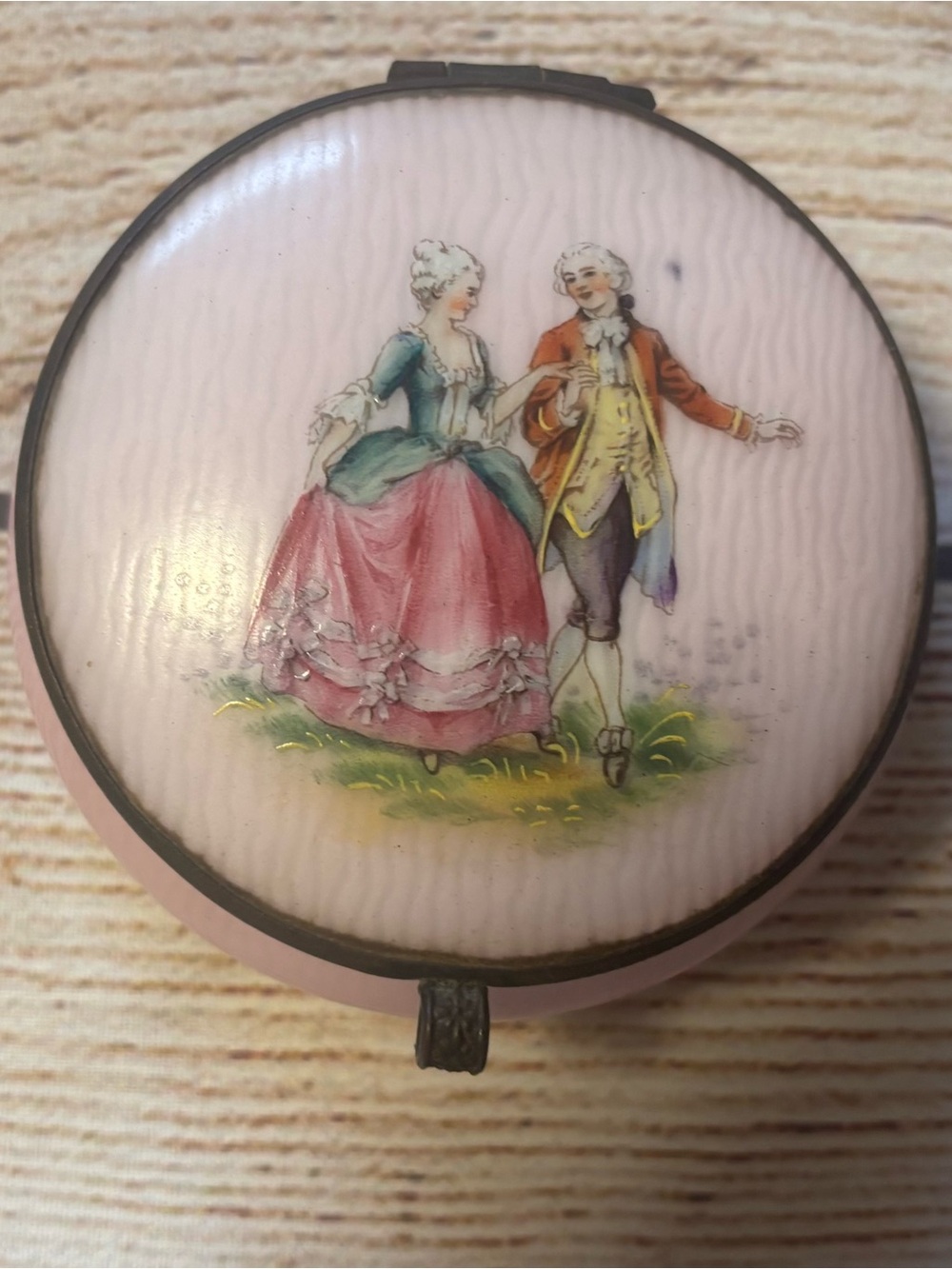 Antique Czechoslovakia Pink Porcelain Trinket Box w/ Mirror, Romantic Scene